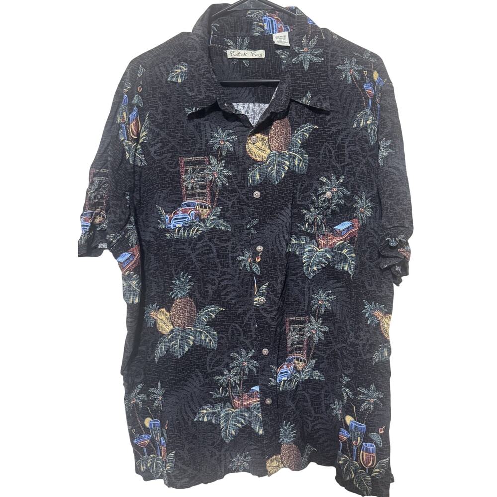 Vintage Hawaiian Shirt Batik Bay Black Resort‎ Wear Tropical XXL cocktails beach